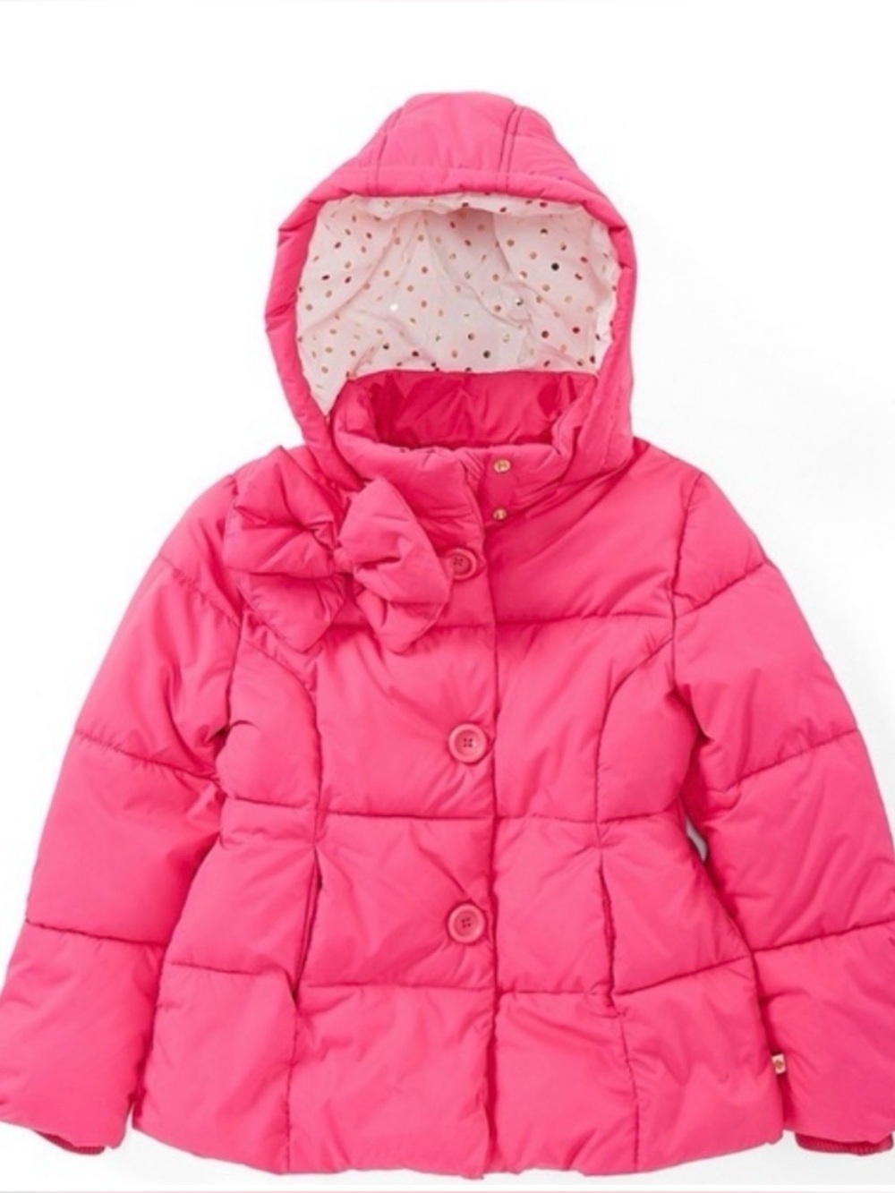 Kate Spade New York Bright Pink Hooded Girls Puffer Jacket with Bow Accent